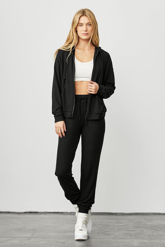 Black Alo Yoga Alolux Soho Full Zip Women's Hoodie | 14326QDKM