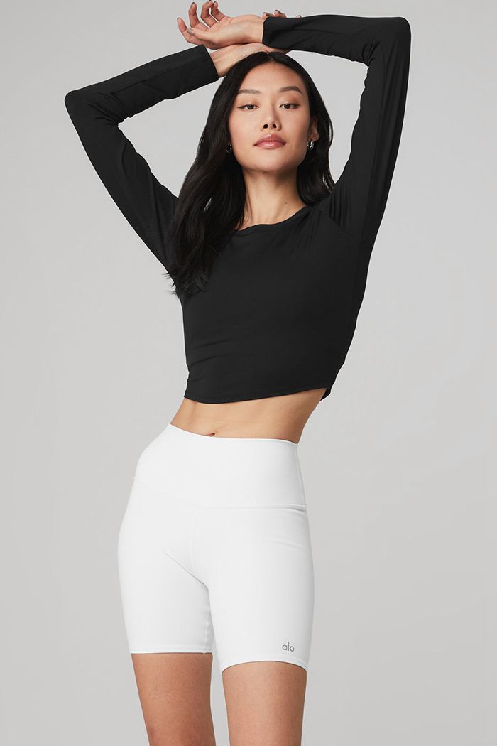 Black Alo Yoga Alosoft Crop Finesse Women\'s Long Sleeve | 75093QPUJ