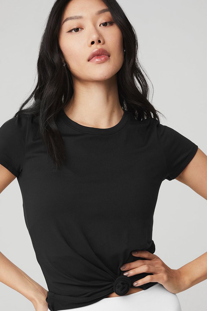 Black Alo Yoga Alosoft Finesse Tee Women's Short Sleeve | 46159LQKC