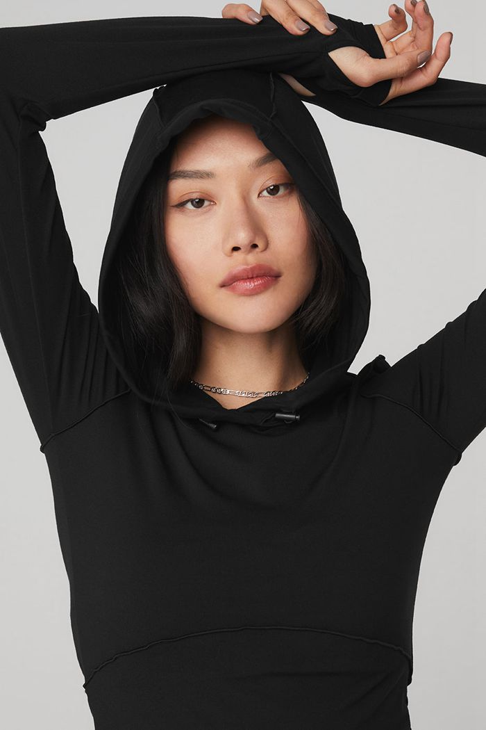 Black Alo Yoga Alosoft Hooded Runner Women's Long Sleeve | 71693SVTI