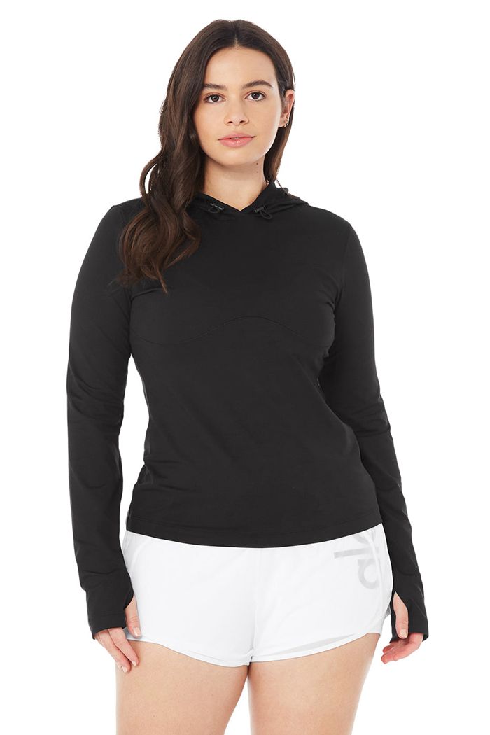 Black Alo Yoga Alosoft Hooded Runner Women's Long Sleeve | 71693SVTI