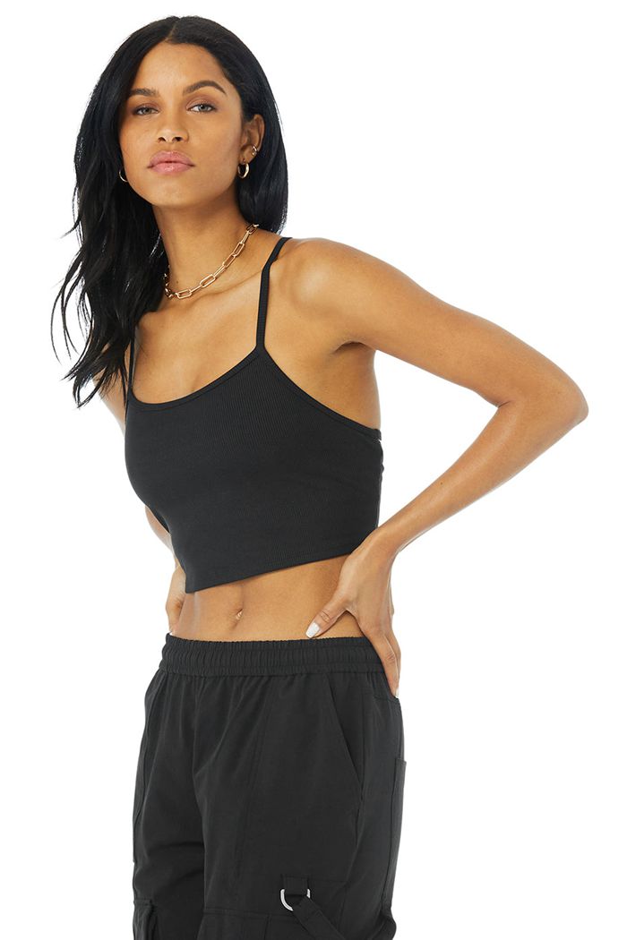 Black Alo Yoga Alosoft Ribbed Crop Calm Women's Tank Tops | 96384LGVW