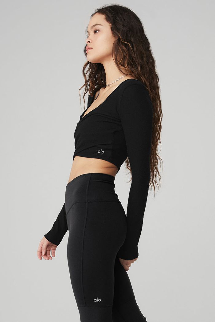 Black Alo Yoga Amelia Luxe Crop Women's Long Sleeve | 16749REAC