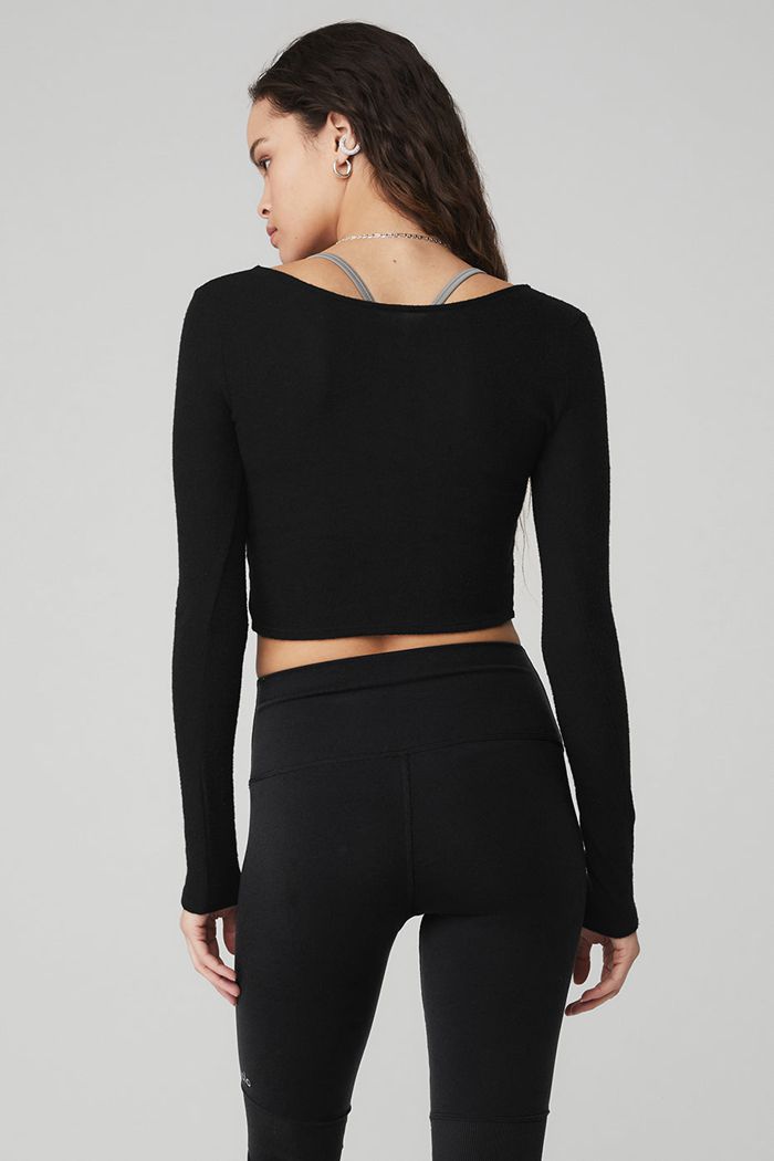 Black Alo Yoga Amelia Luxe Crop Women's Long Sleeve | 16749REAC