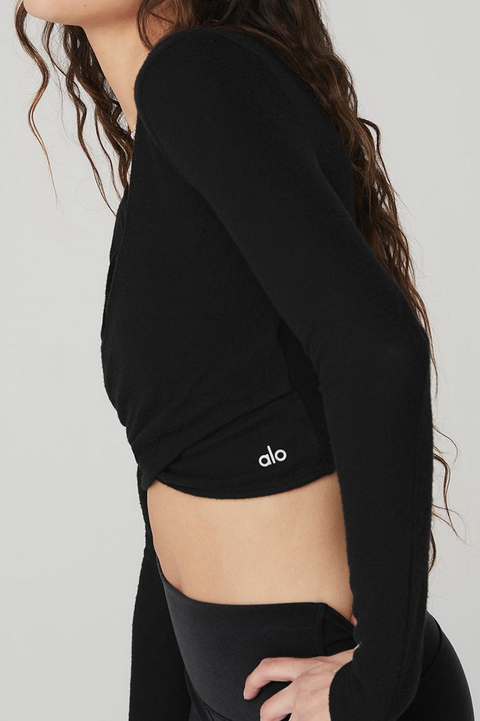 Black Alo Yoga Amelia Luxe Crop Women's Long Sleeve | 16749REAC