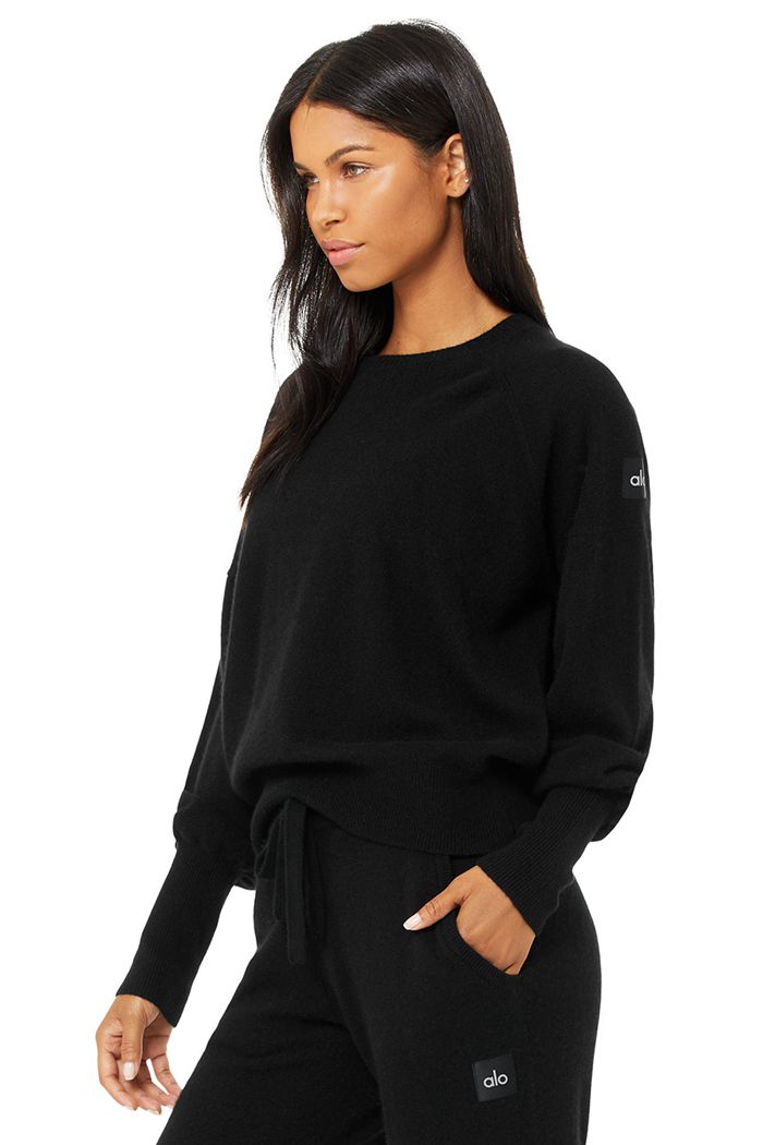 Black Alo Yoga Cashmere Jet Set Crew Women's Long Sleeve | 45106OTWX