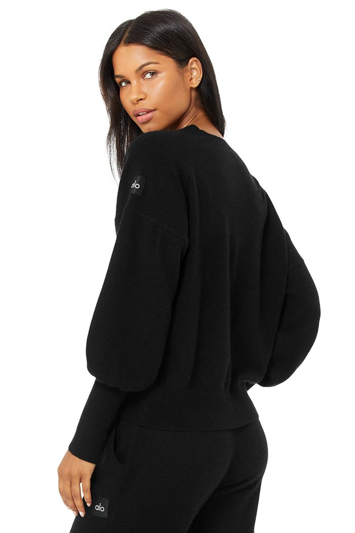 Black Alo Yoga Cashmere Jet Set Crew Women's Long Sleeve | 45106OTWX