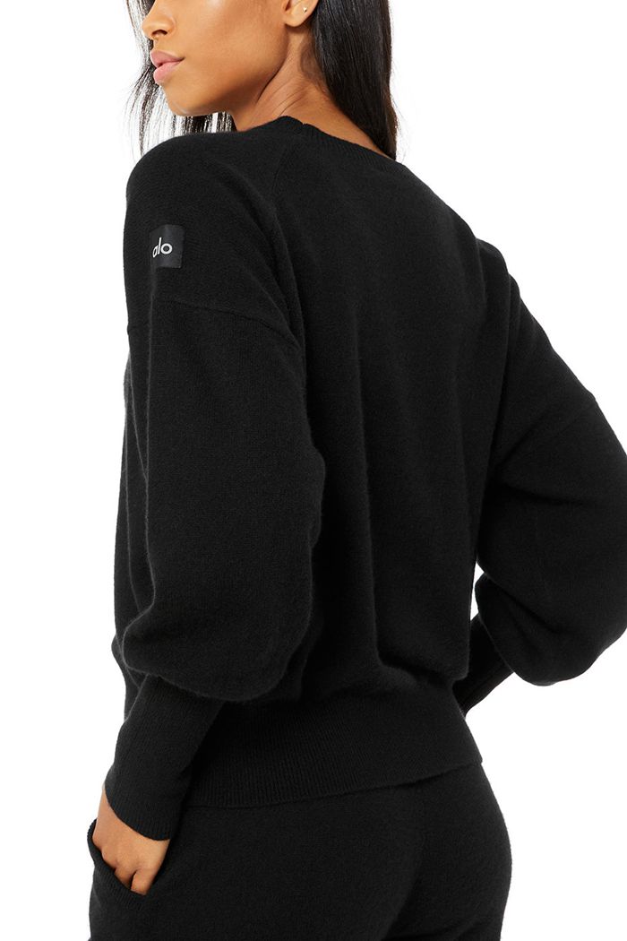 Black Alo Yoga Cashmere Jet Set Crew Women's Long Sleeve | 45106OTWX