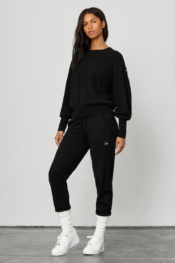 Black Alo Yoga Cashmere Jet Set Crew Women's Long Sleeve | 45106OTWX