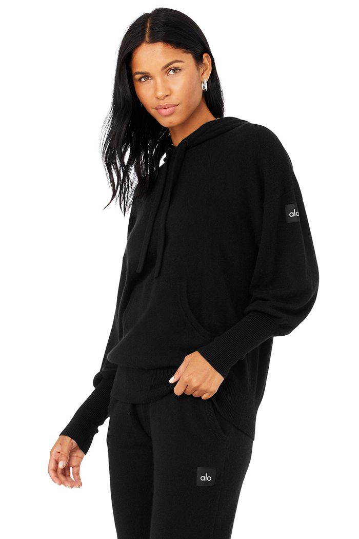 Black Alo Yoga Cashmere Jet Set Women's Hoodie | 62079EUSW