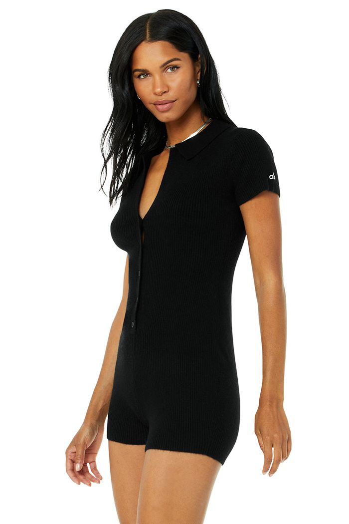 Black Alo Yoga Cashmere Ribbed Staycation Playsuit Women's Playsuit | 74693TQHR