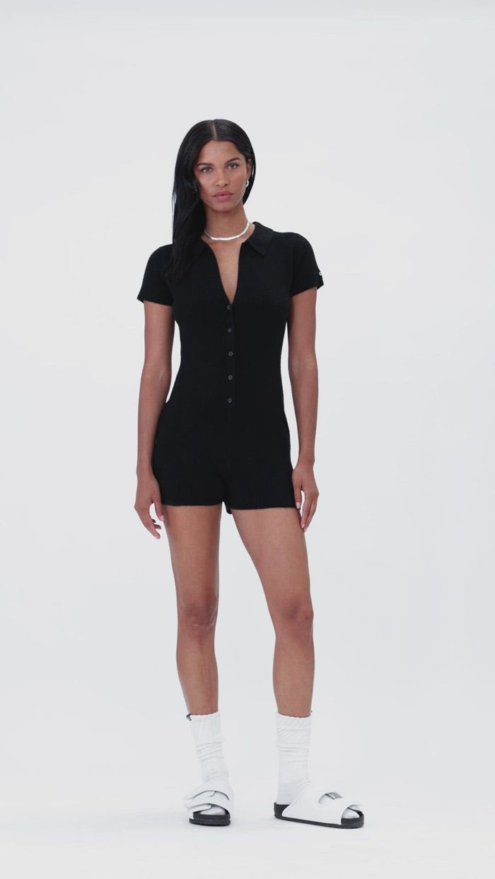 Black Alo Yoga Cashmere Ribbed Staycation Playsuit Women's Playsuit | 74693TQHR