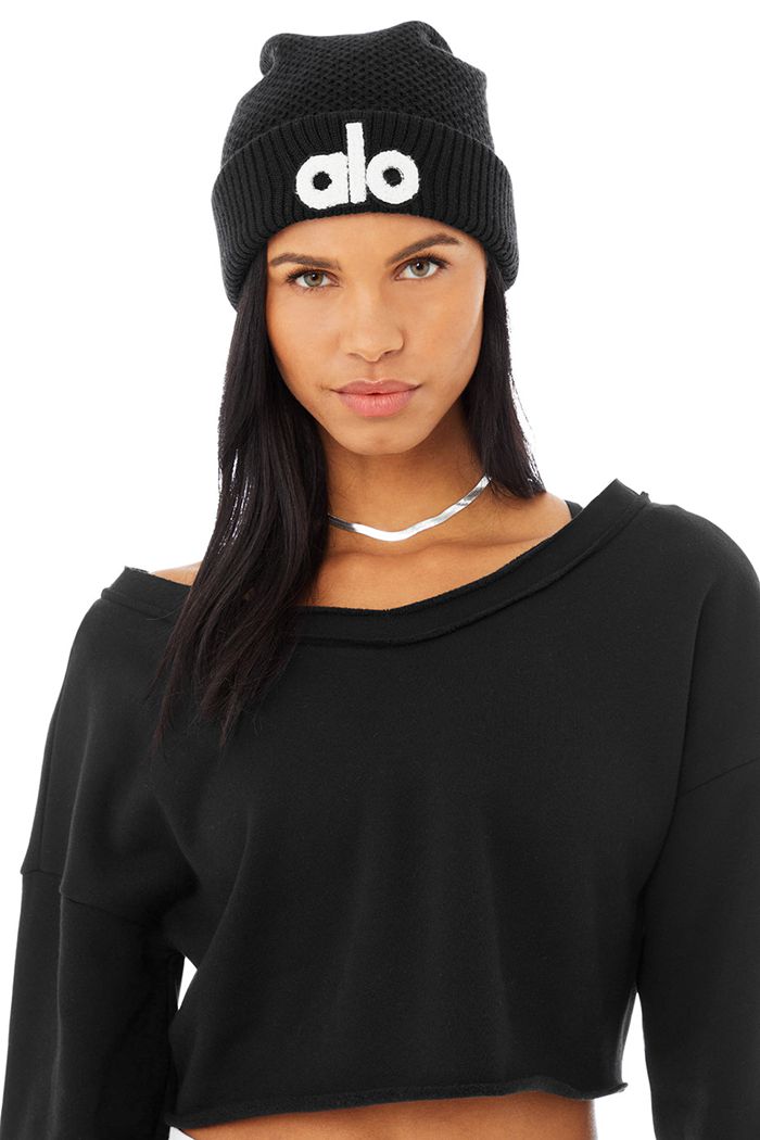 Black Alo Yoga Cool Skies Men's Beanie | 85021NYBO