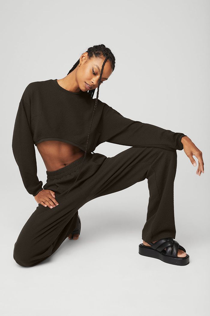 Black Alo Yoga Cropped Tailored Crew Neck Women's Long Sleeve | 50721UXKS