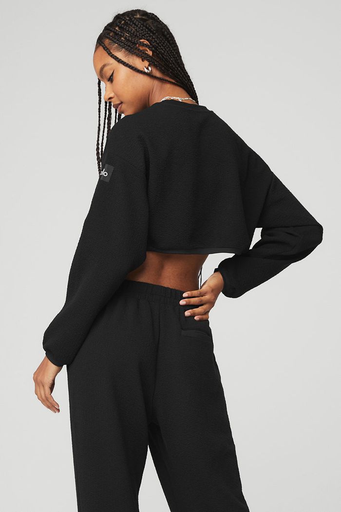 Black Alo Yoga Cropped Tailored Crew Neck Women's Long Sleeve | 96074JELQ