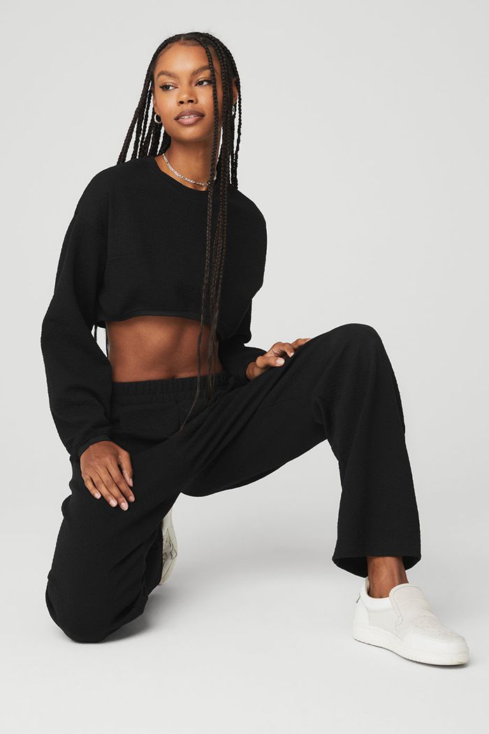 Black Alo Yoga Cropped Tailored Crew Neck Women's Long Sleeve | 96074JELQ