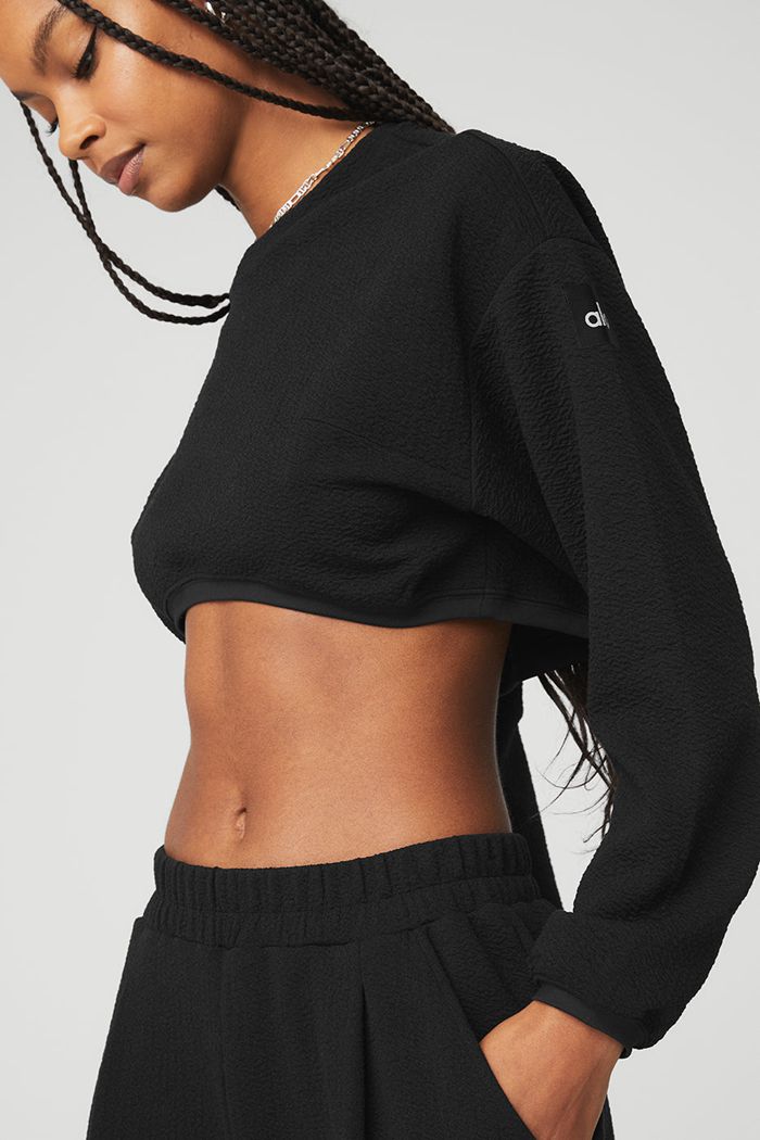 Black Alo Yoga Cropped Tailored Crew Neck Women's Long Sleeve | 96074JELQ