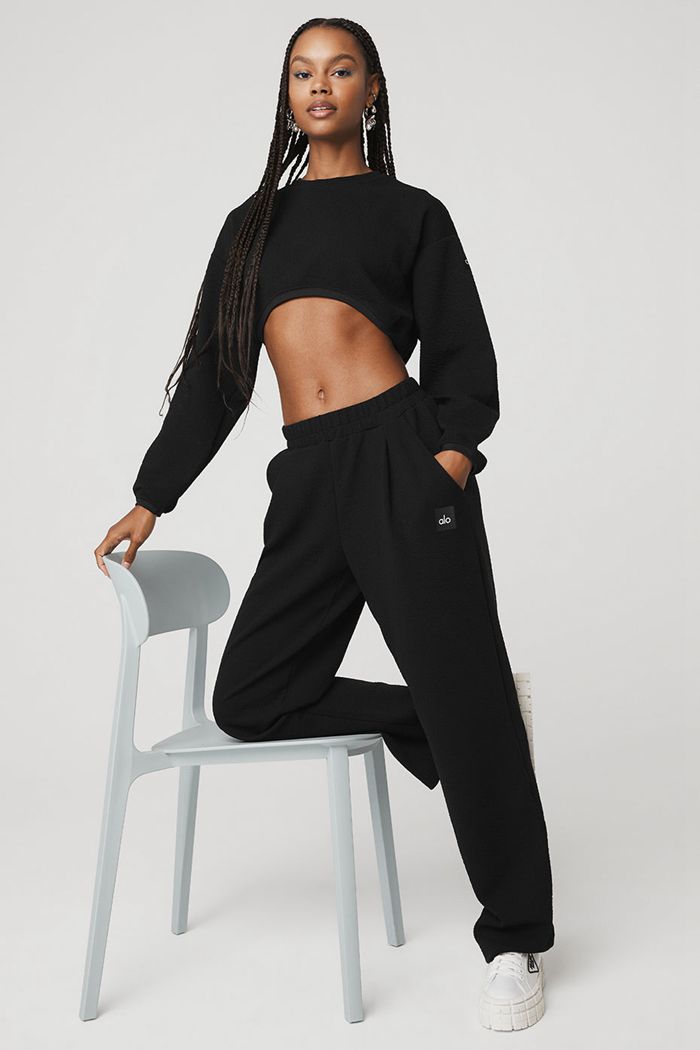 Black Alo Yoga Cropped Tailored Crew Neck Women's Long Sleeve | 96074JELQ