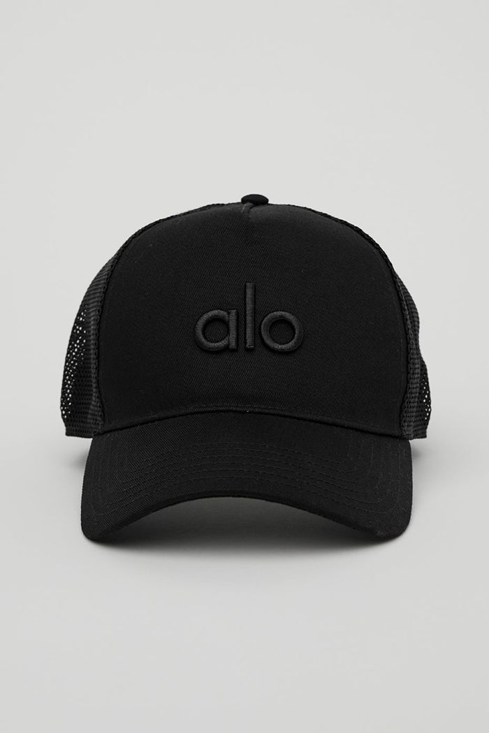 Black Alo Yoga District Trucker Men's Hats | 29065QLJM