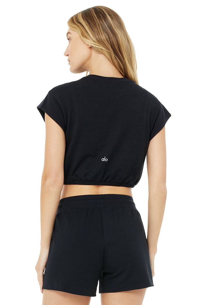 Black Alo Yoga Dreamy Crop Women's Short Sleeve | 26397LYQT