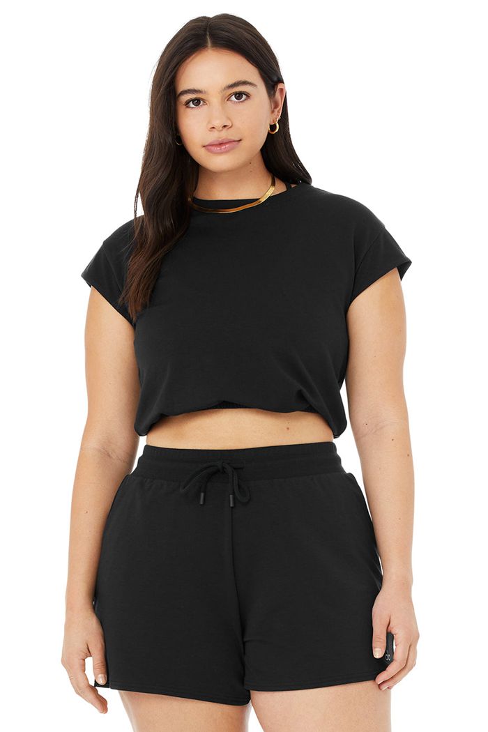 Black Alo Yoga Dreamy Crop Women's Short Sleeve | 26397LYQT