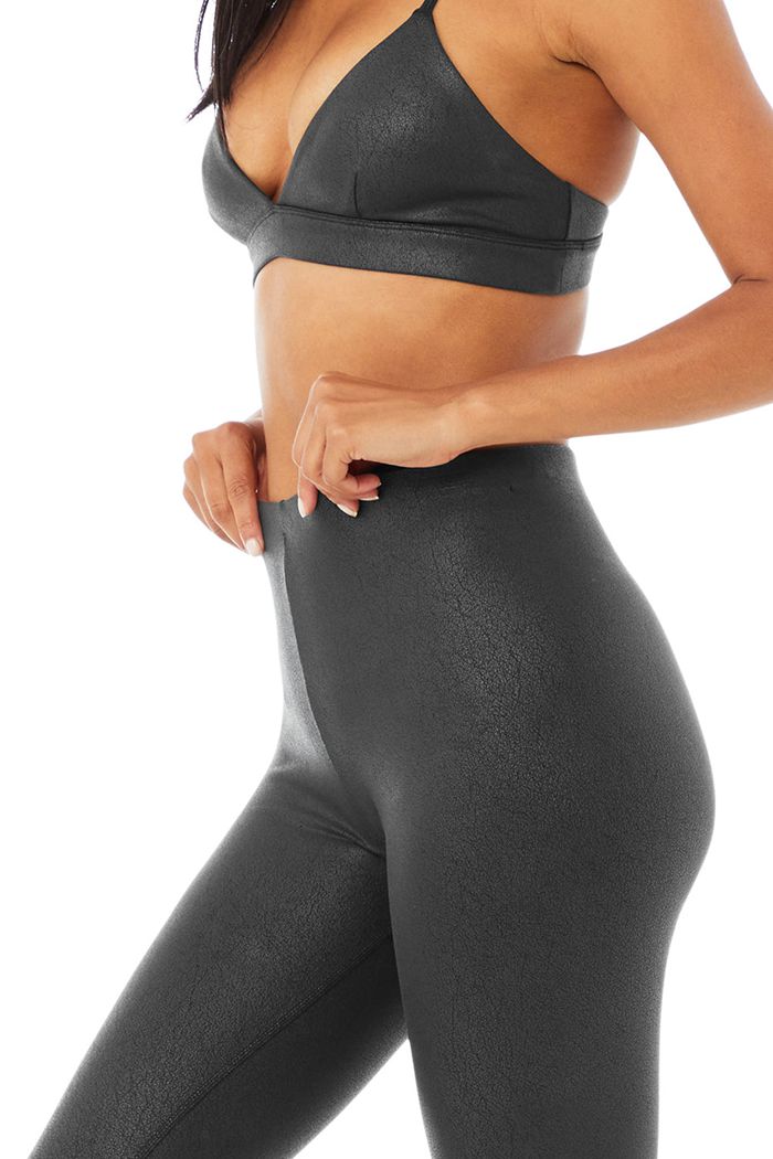 Black Alo Yoga Faux Leather Airbrush High-Waist Women's Leggings | 64031KRCF