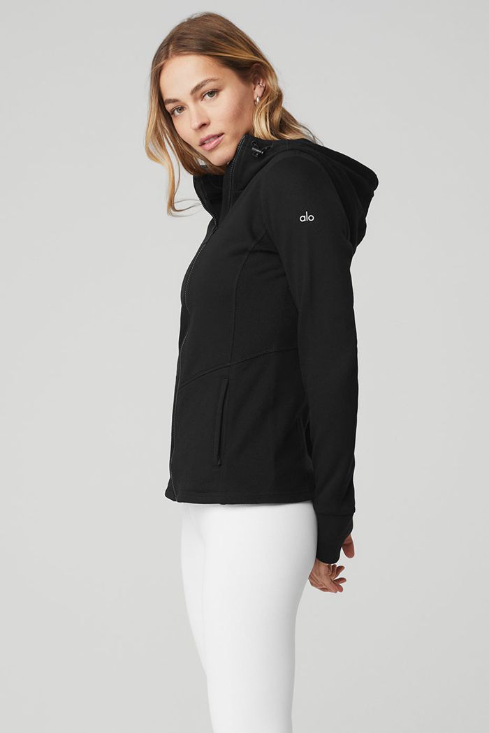 Black Alo Yoga Foundation Zip Women's Hoodie | 24163HAQR