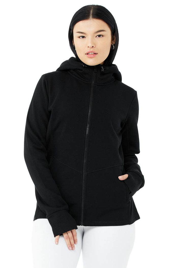 Black Alo Yoga Foundation Zip Women's Hoodie | 24163HAQR