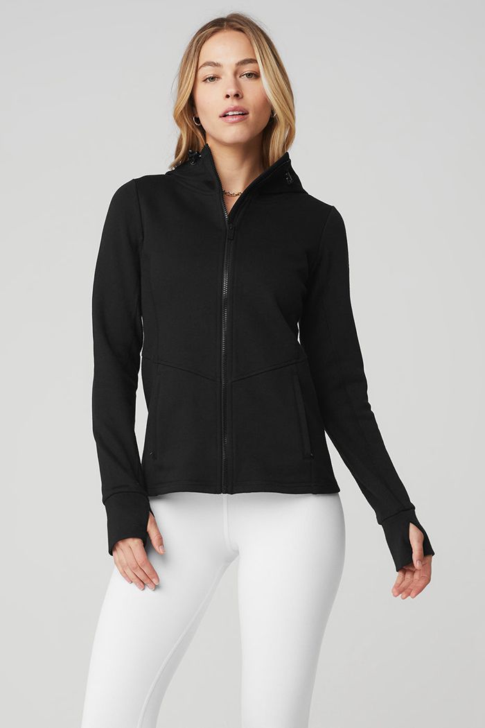 Black Alo Yoga Foundation Zip Women\'s Hoodie | 24163HAQR