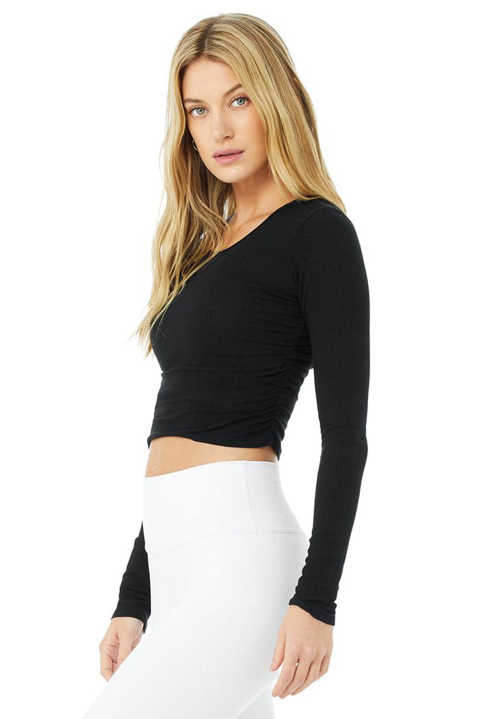 Black Alo Yoga Gather Women's Long Sleeve | 41739TEAO