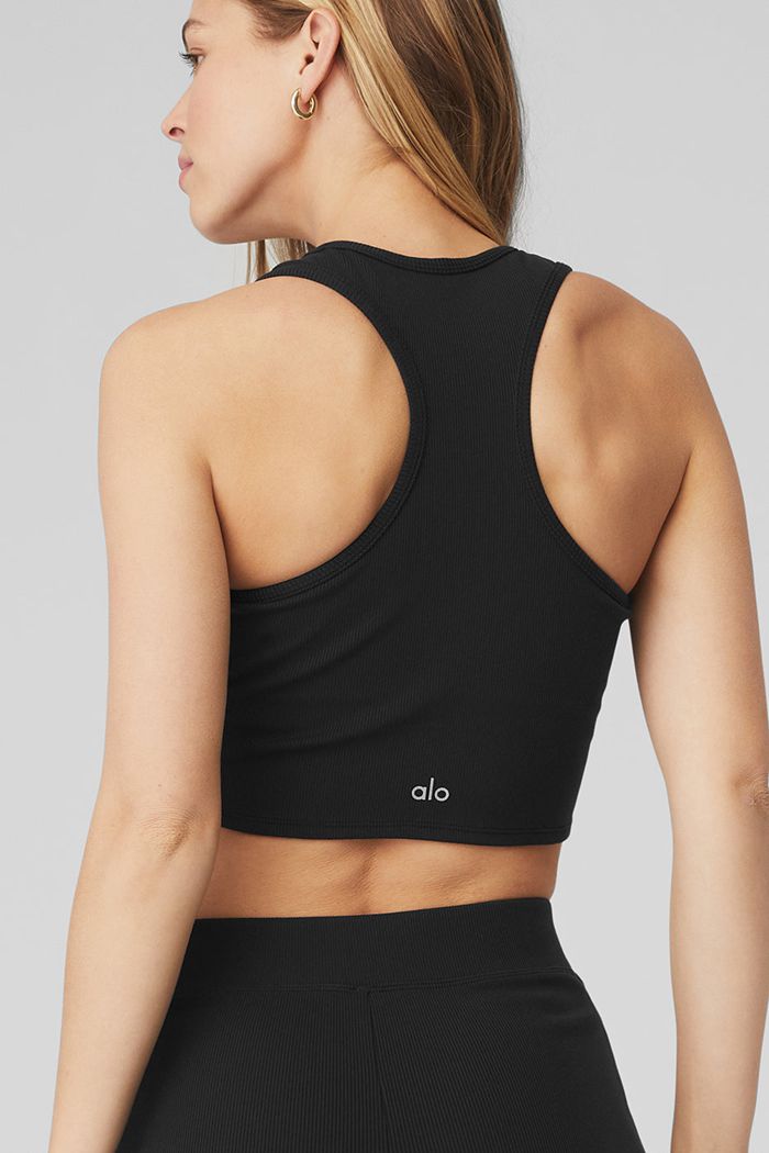 Black Alo Yoga Goddess Ribbed Cropped Racerback Women's Tank Tops | 04697AGFQ