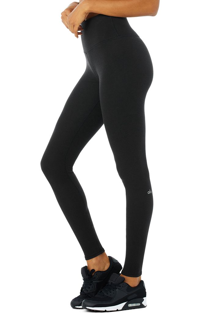 Black Alo Yoga High-Waist Micro Waffle LowKey Women's Leggings | 62074HYTE