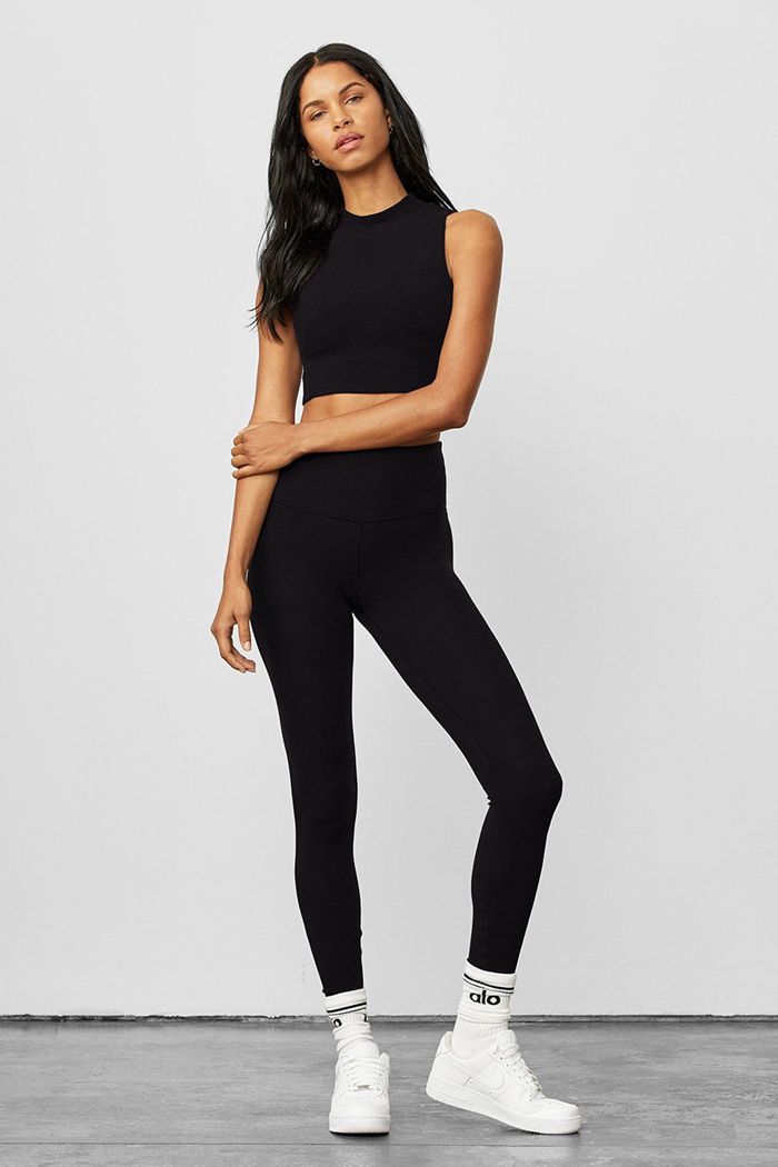 Black Alo Yoga High-Waist Micro Waffle LowKey Women's Leggings | 62074HYTE