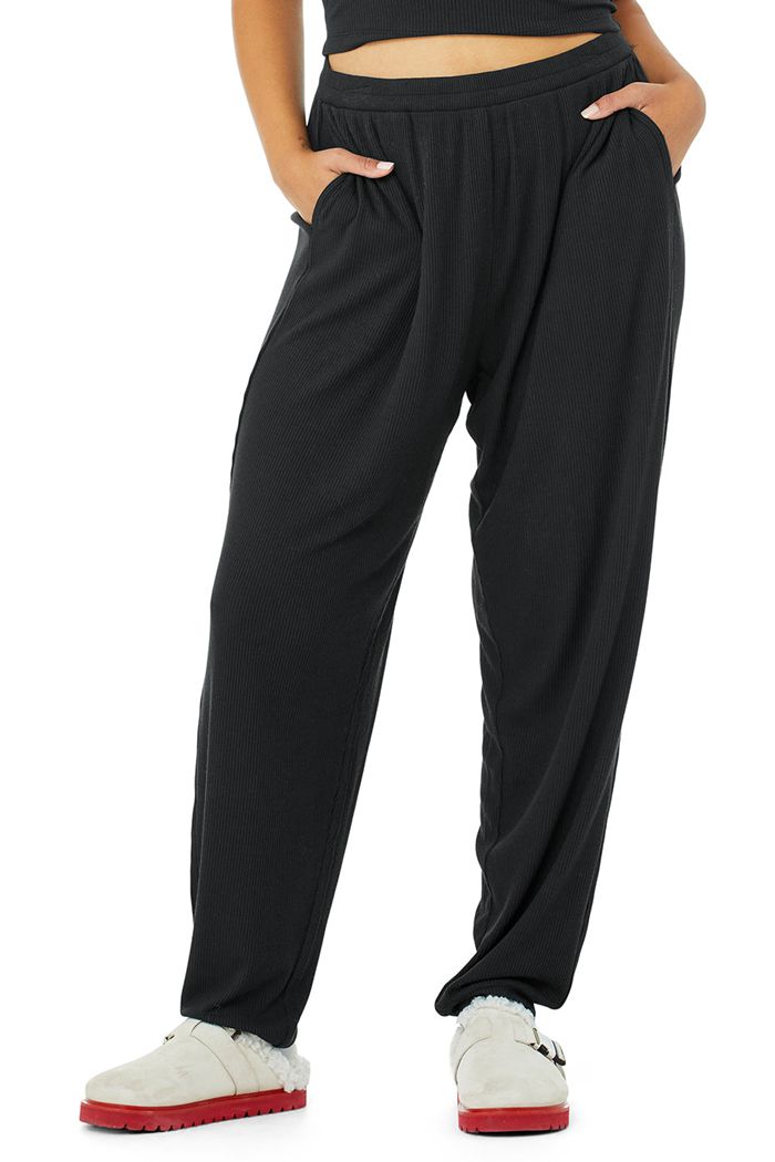 Black Alo Yoga High-Waist Ribbed Whisper Women's Pants | 87620ECLN