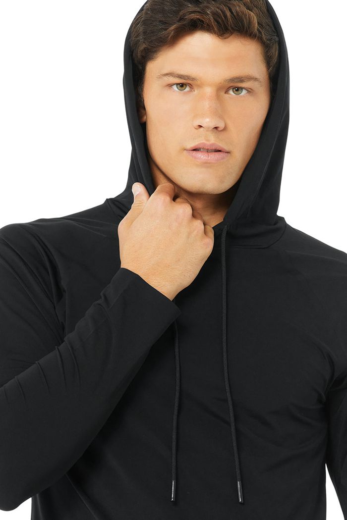 Black Alo Yoga Idol Hooded Runner Men's Hoodie | 79581GUKR