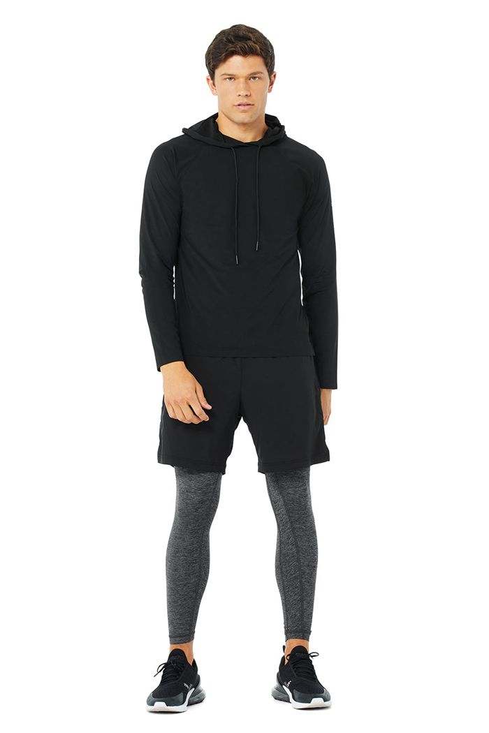 Black Alo Yoga Idol Hooded Runner Men's Hoodie | 79581GUKR