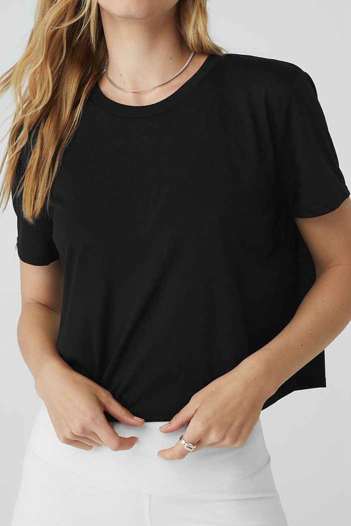 Black Alo Yoga Laid Back Tee Women's Short Sleeve | 41256YKVJ