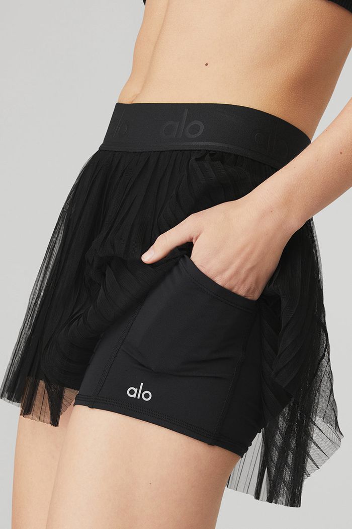 Black Alo Yoga Mesh Flirty Tennis Women's Skirts | 14763BKYN