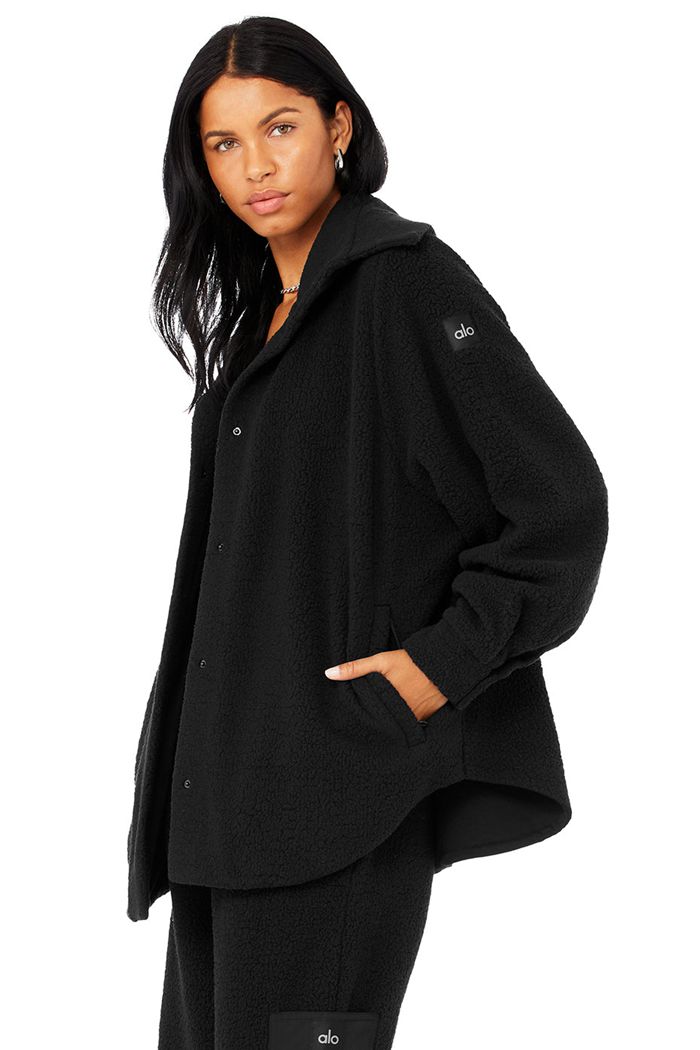 Black Alo Yoga Micro Sherpa Envy Shacket Women's Jackets | 28563IGKZ