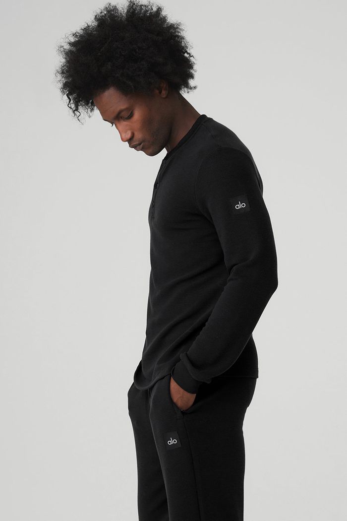 Black Alo Yoga Micro Waffle Fast Break Henley Men's Long Sleeve | 54398JWCL