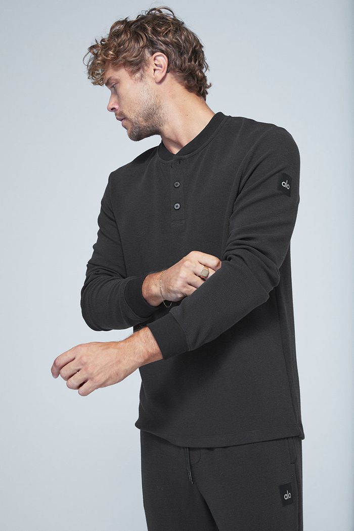 Black Alo Yoga Micro Waffle Fast Break Henley Men's Long Sleeve | 54398JWCL