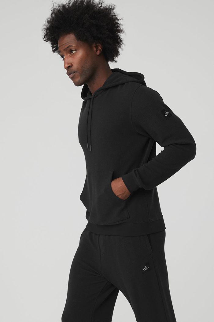 Black Alo Yoga Micro Waffle Fast Break Men's Hoodie | 30487IAPV