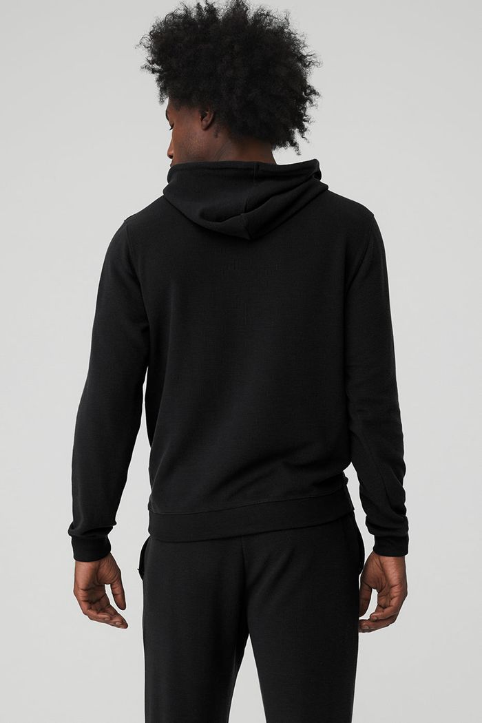 Black Alo Yoga Micro Waffle Fast Break Men's Hoodie | 30487IAPV