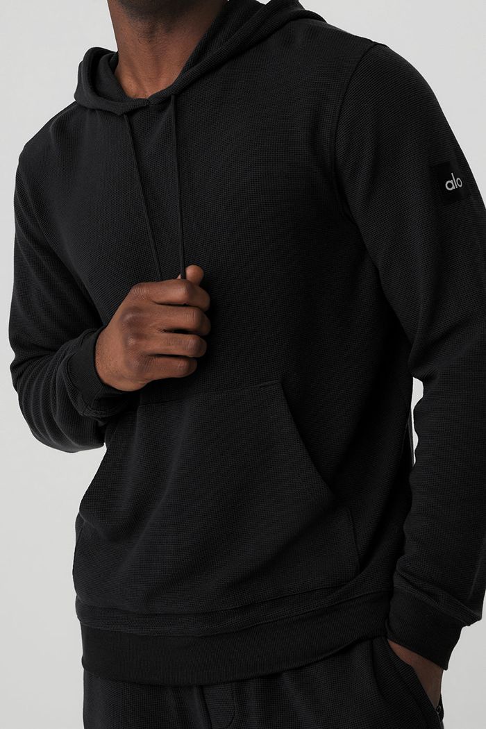 Black Alo Yoga Micro Waffle Fast Break Men's Hoodie | 30487IAPV