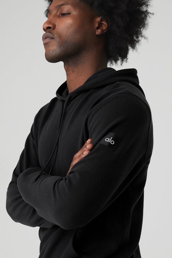 Black Alo Yoga Micro Waffle Fast Break Men's Hoodie | 30487IAPV