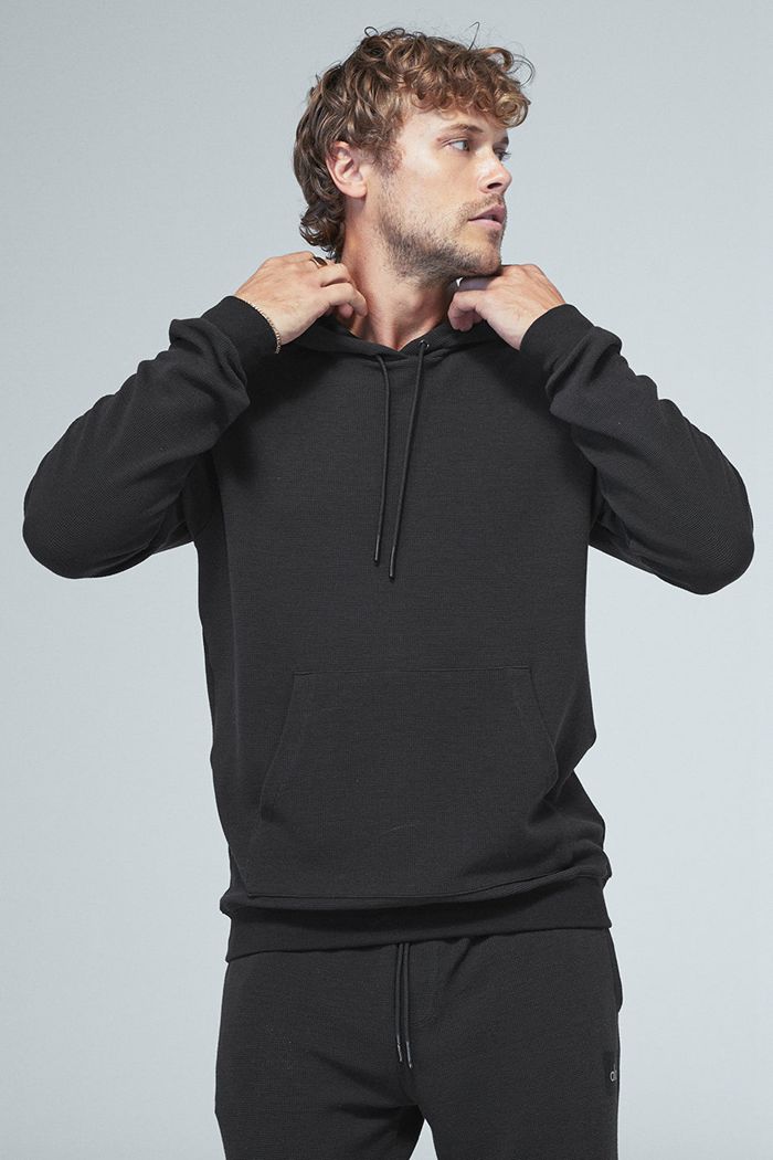 Black Alo Yoga Micro Waffle Fast Break Men\'s Hoodie | 30487IAPV