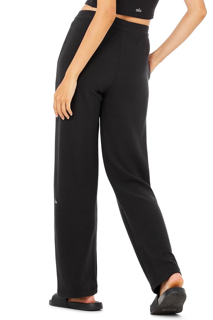 Black Alo Yoga Micro Waffle High-Waist Pleasant Wide Leg Women's Pants | 98027BIPA