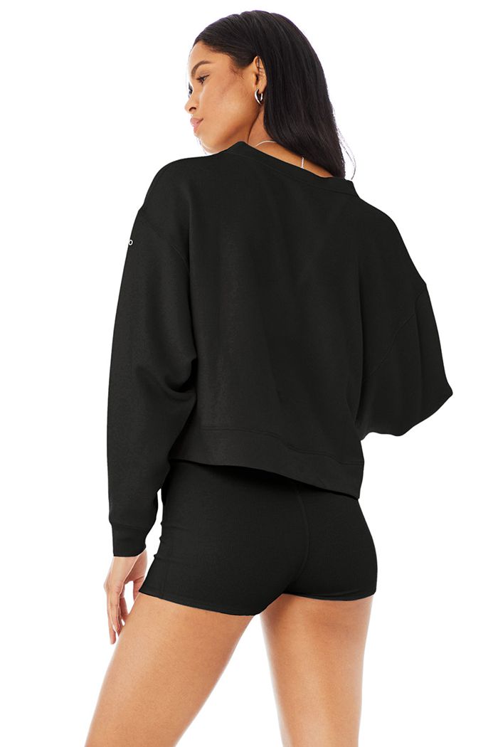 Black Alo Yoga Micro Waffle Pleasant Cropped Henley Women's Long Sleeve | 60528FYJK