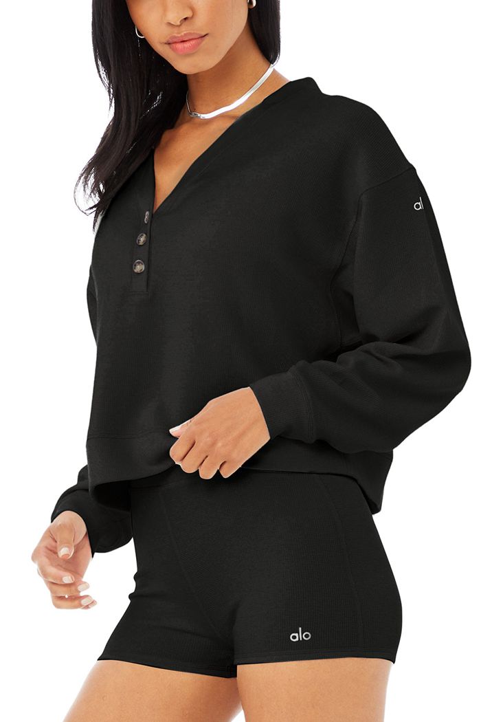 Black Alo Yoga Micro Waffle Pleasant Cropped Henley Women's Long Sleeve | 60528FYJK