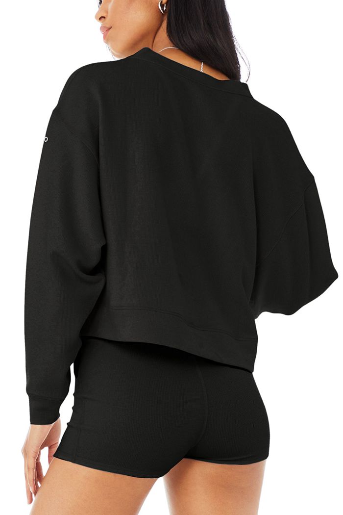 Black Alo Yoga Micro Waffle Pleasant Cropped Henley Women's Long Sleeve | 60528FYJK